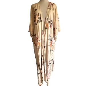 Three Bird Nest Floral Linen Duster Womens One Size Boho Kimono Topper Longline